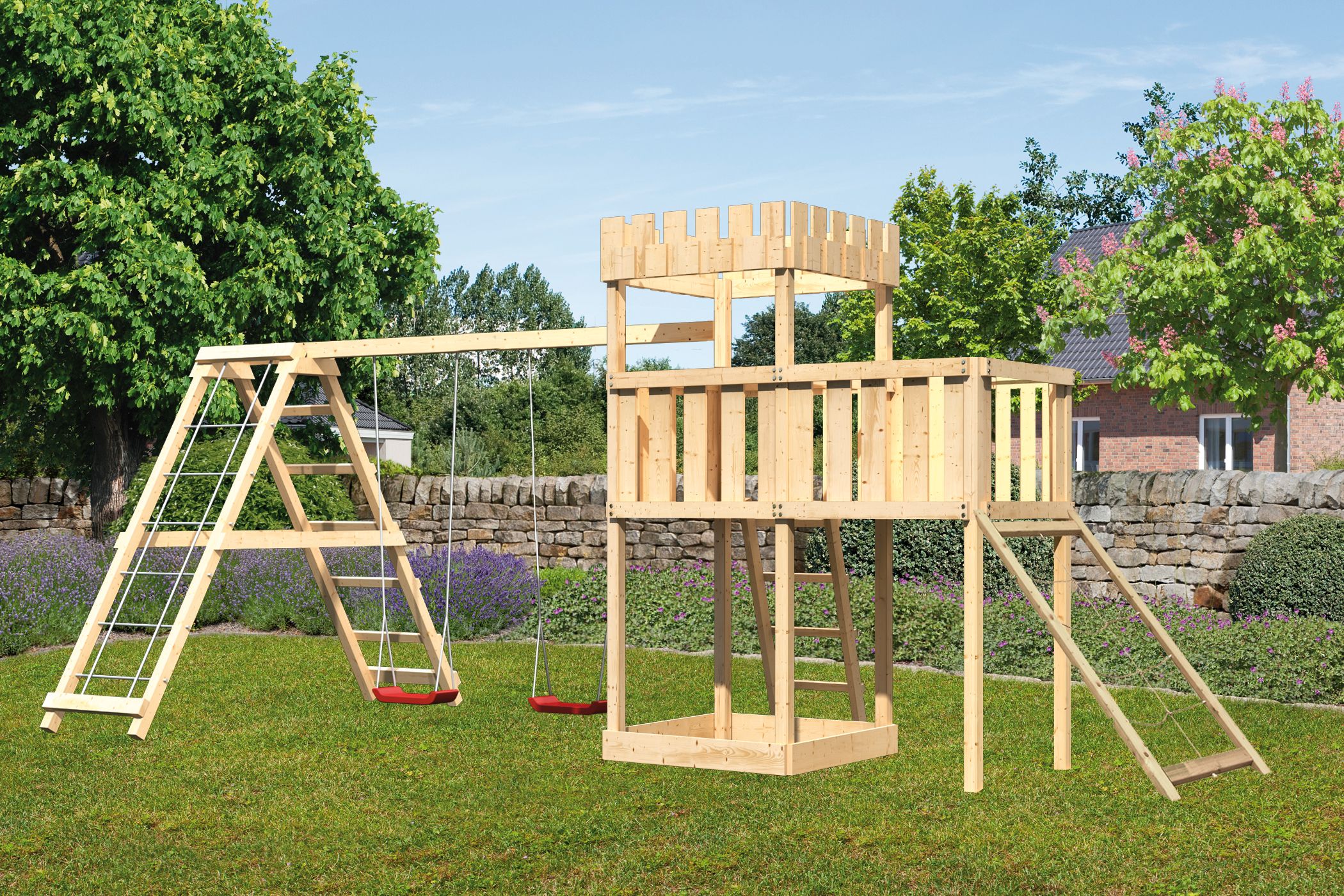 Akubi Kinderspielturm Ritterburg Löwenherz inkl. Doppelschaukelanbau, Klettergerüst, Anbauplattform und Netzrampe