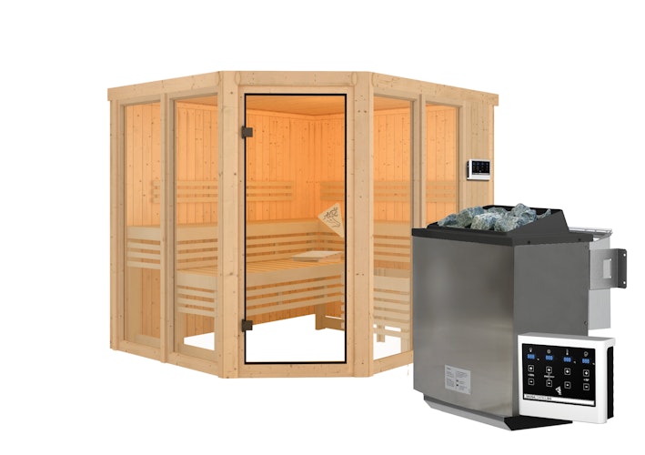 Karibu Sauna Ainur 3 Superior mit Eckeinstieg 68 mm inkl. gratis Saunaofen im Wert von 599,99 €
