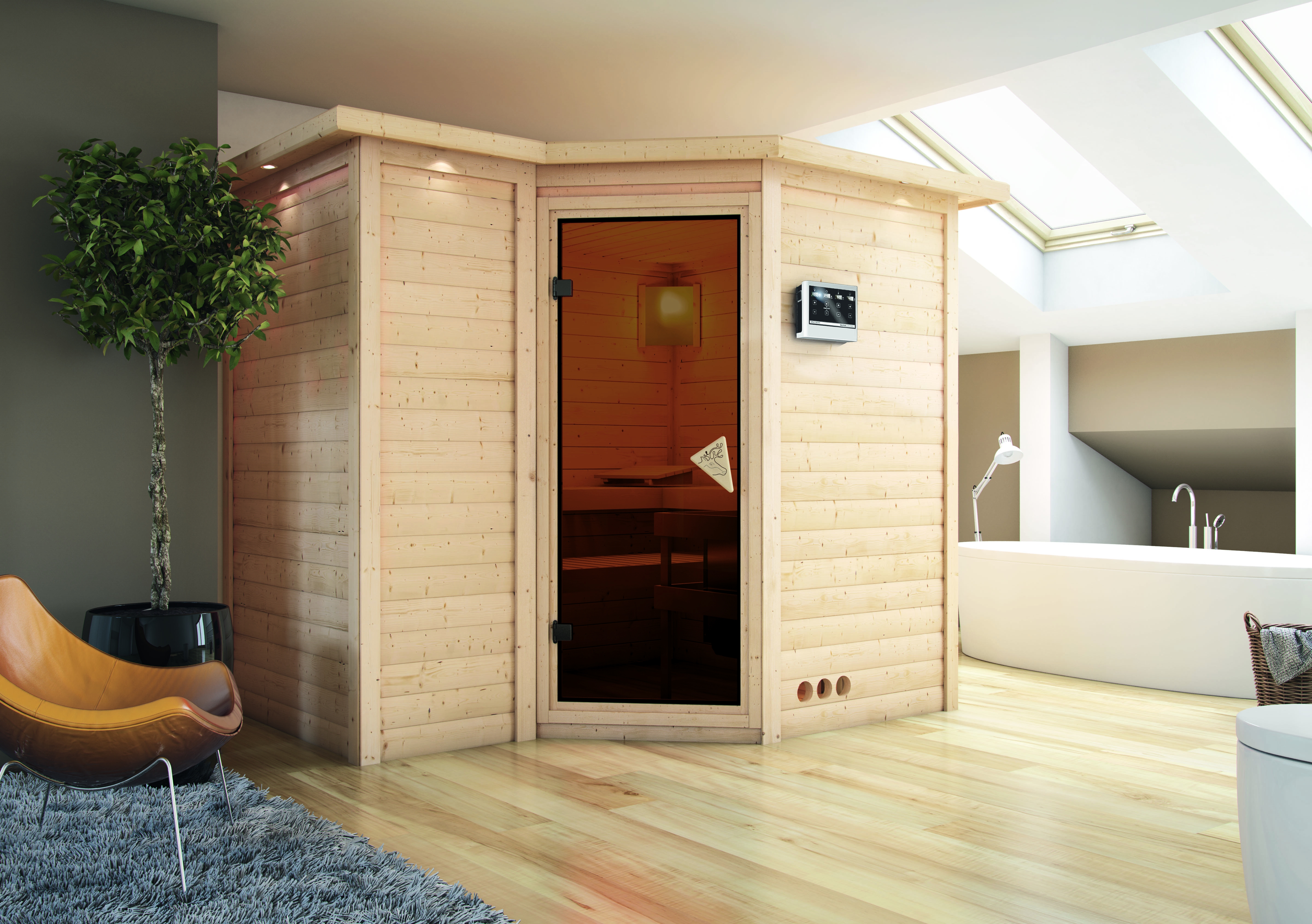 Karibu Sauna Sahib 2-Massivholzsauna 38 mm -Eckeinstieg - Exklusivoptik