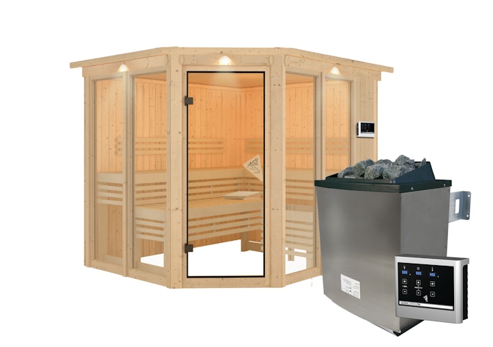 Karibu Sauna Ainur 3 Superior mit Eckeinstieg 68 mm inkl. gratis Saunaofen im Wert von 599,99 €
