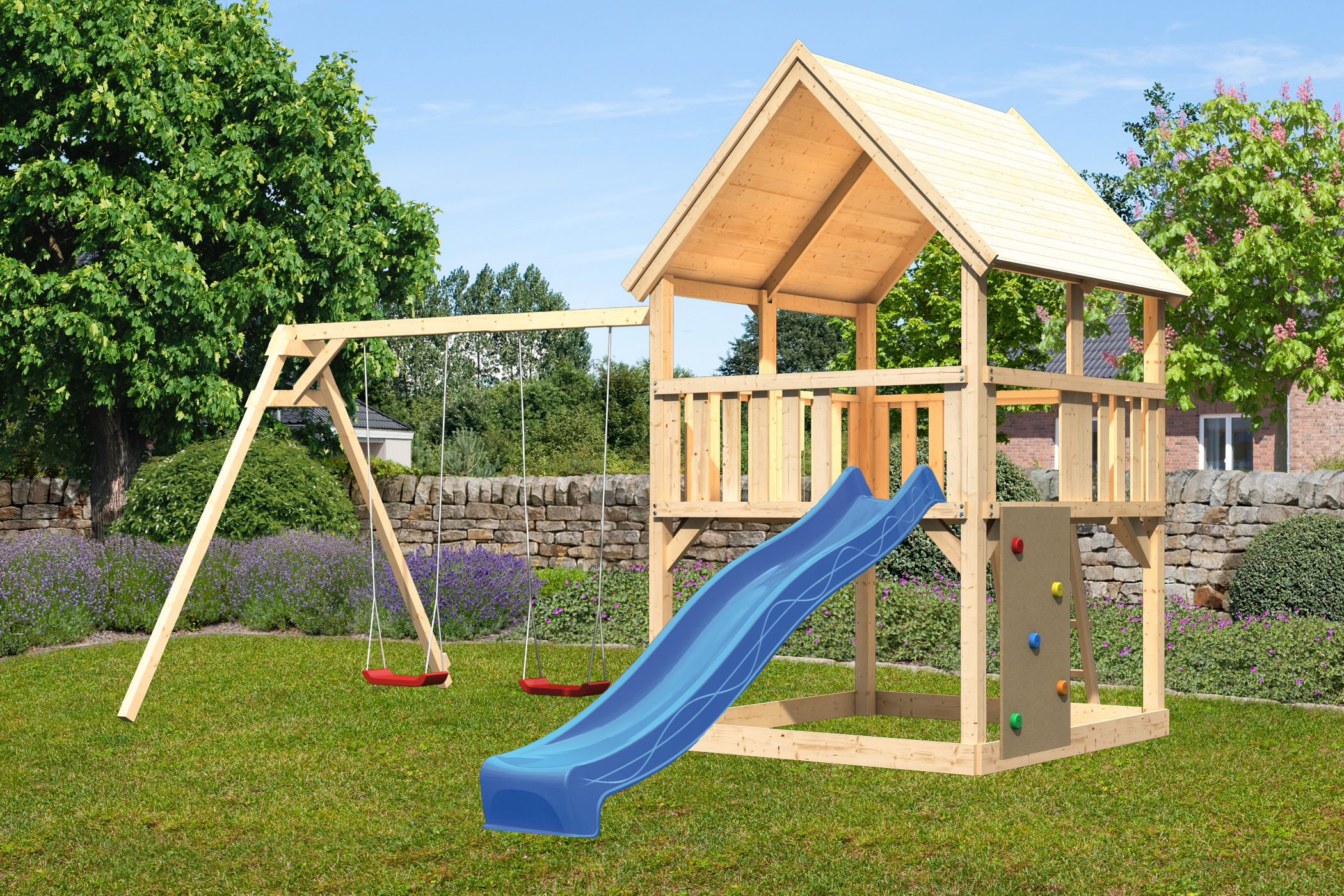 Akubi Kinderspielturm Luis mit Doppelschaukel, Kletterwand und Wellenrutsche inkl. gratis Akubi Farbsystem