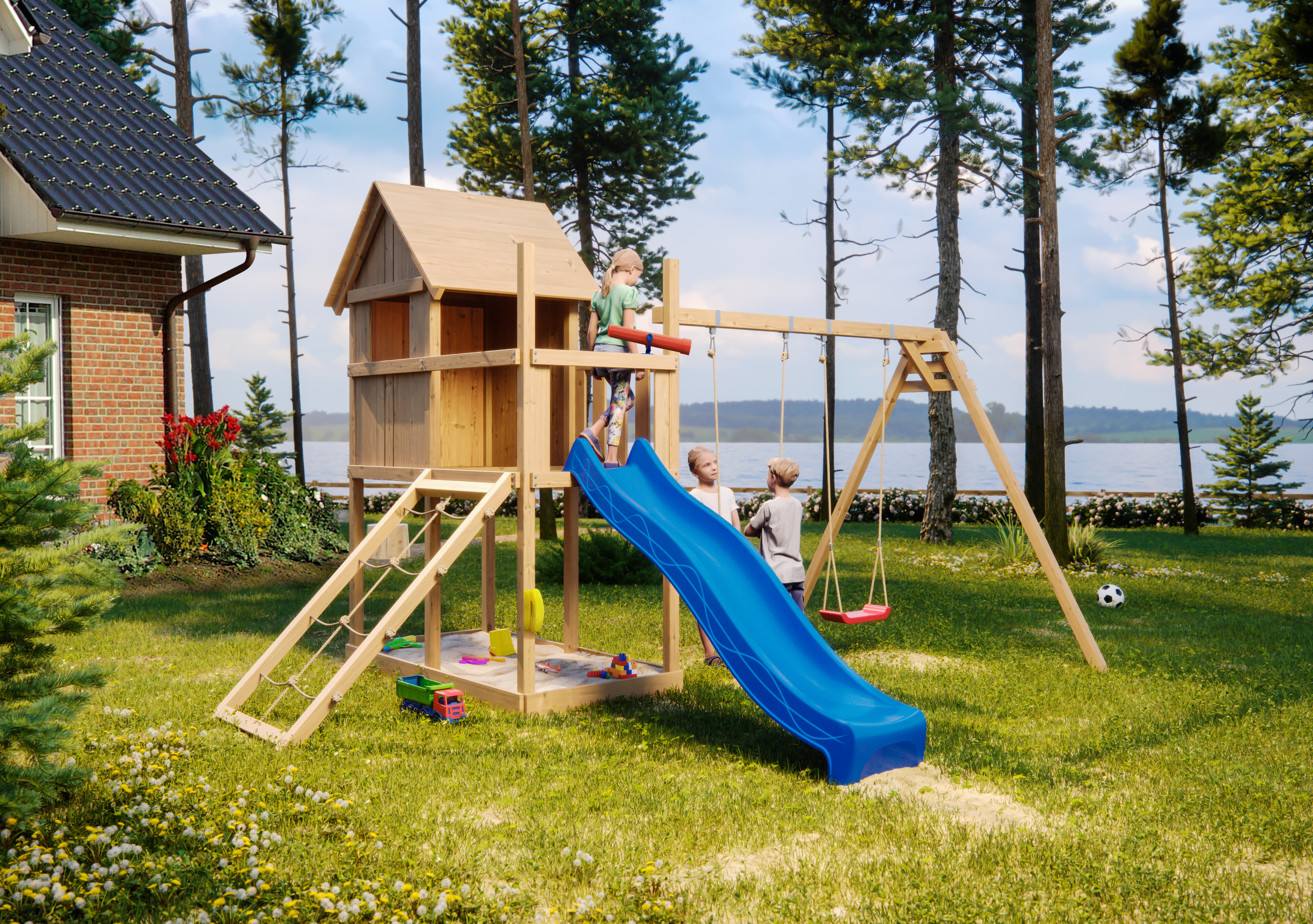 Akubi Stelzenhaus Frieda mit Wellenrutsche, Doppelschaukelanbau und Netzrampe