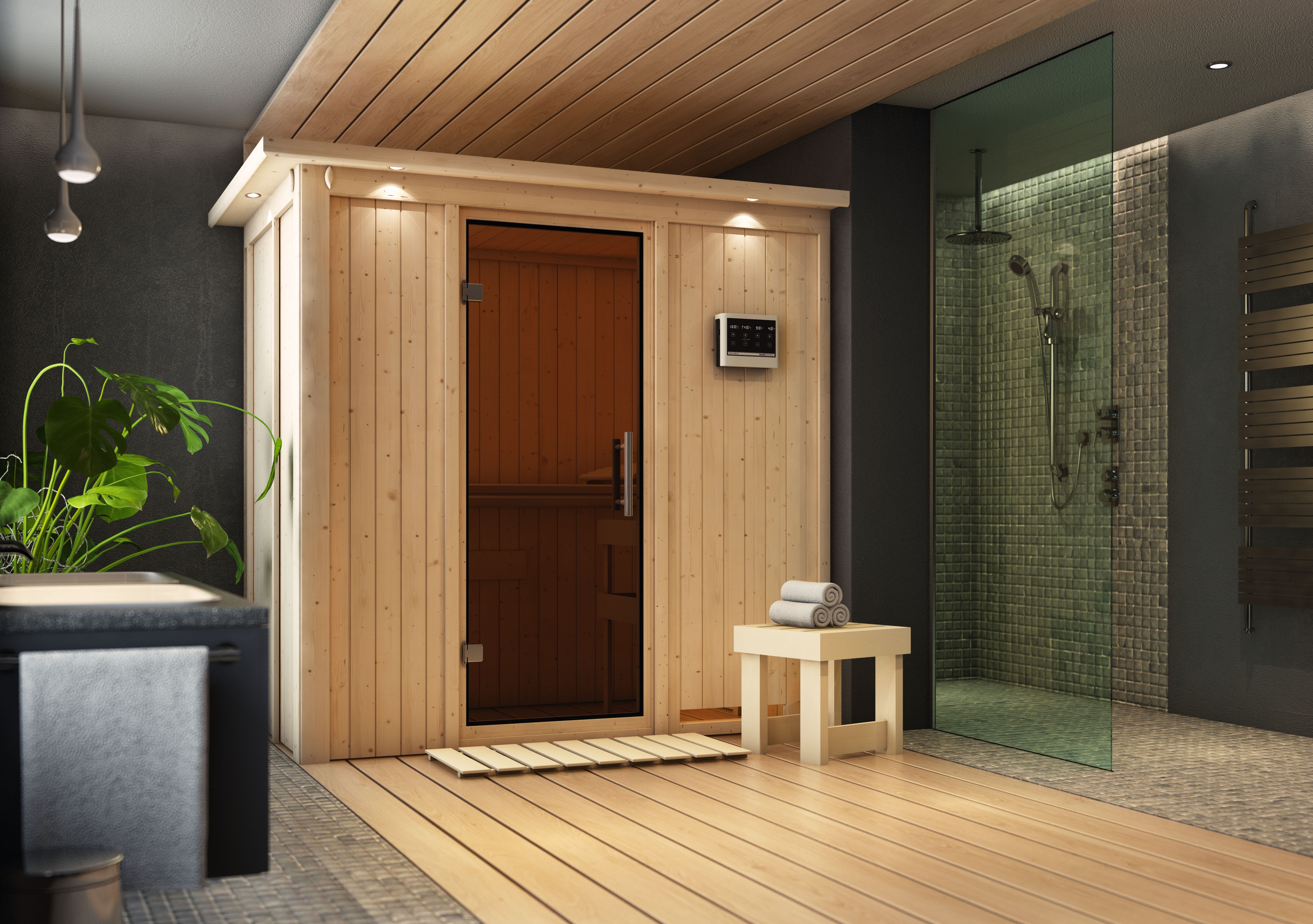 Karibu Sauna Variado mit Fronteinstieg 68 mm inkl. 9-teiligem Gratis-Zubehörpaket im Wert von 137,95 €