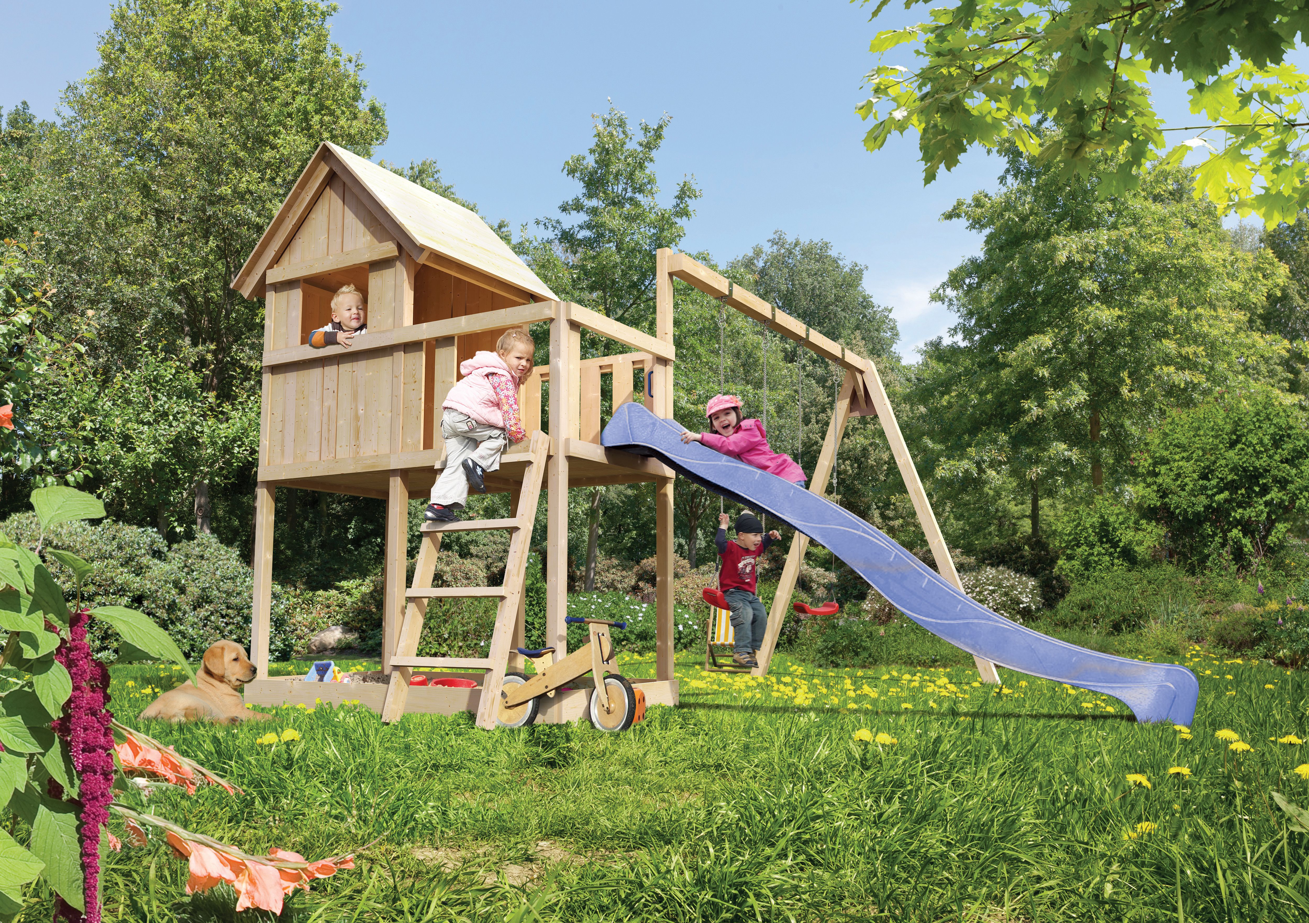 Akubi Kinderspielturm Frieda mit Rutsche und Doppelschaukelanbau (Set B)