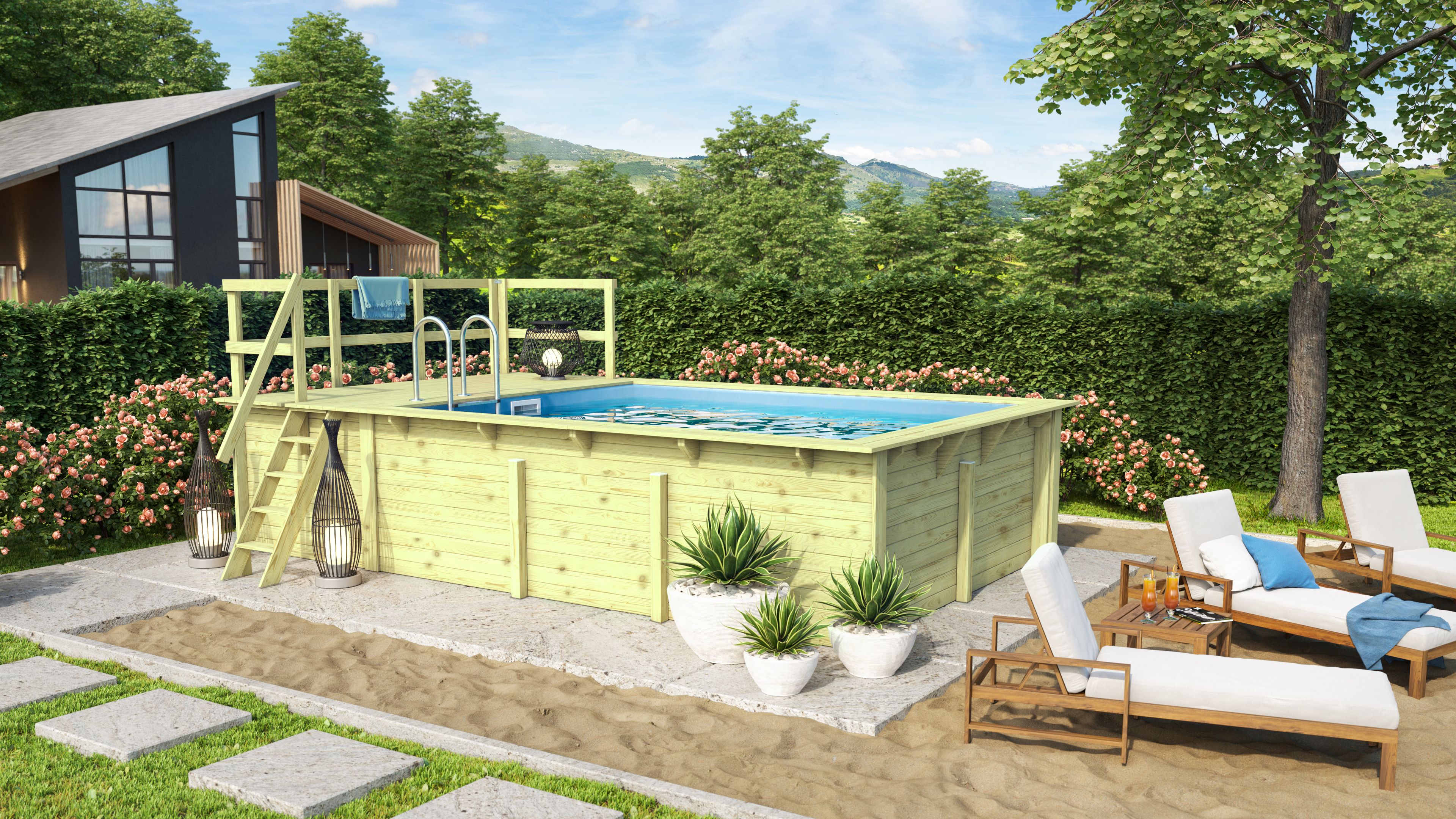 Karibu Rechteck Pool Gr. 2 - 350 x 440 cm - kesseldruckimprägniert inkl. gratis Sandfilteranlage & Pool-Starterset (Gesamtwert 418,99€)