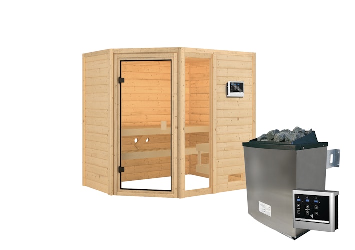 Karibu Woodfeeling Sauna Jada - 38 mm Massivholz Aktionssauna inkl. gratis Saunaofen im Wert von 599,99 €