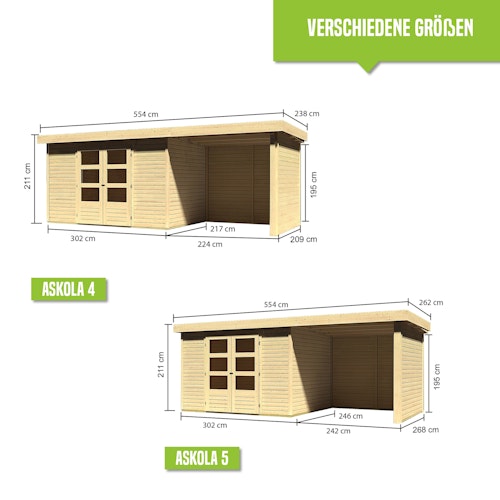 Karibu Woodfeeling Gartenhaus Askola 2/3/3,5/4/5 m. 240 cm Schleppdach/Seiten- und Rückwand