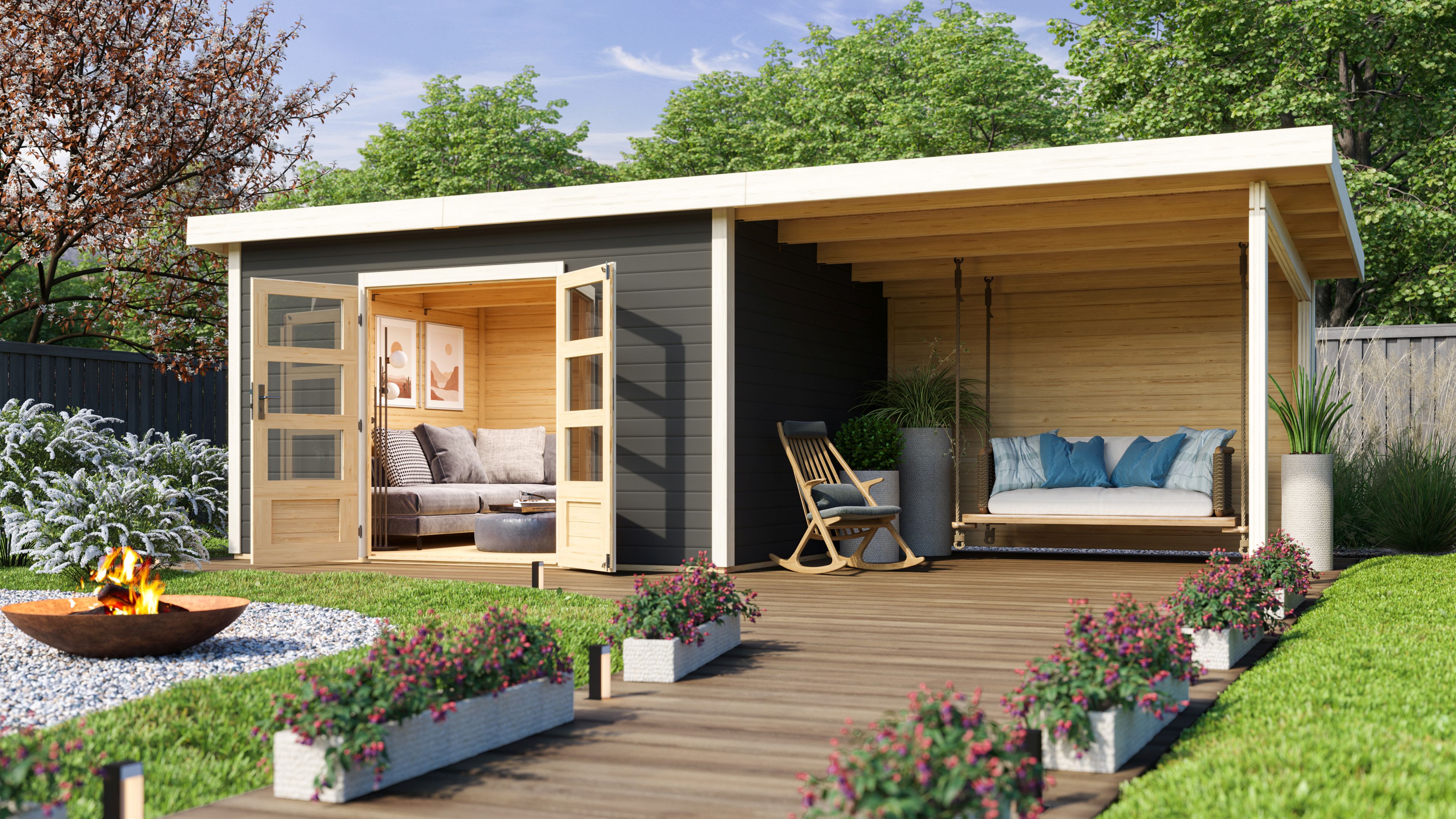 Karibu Woodfeeling Gartenhaus Northeim 4 inkl. 300 cm Schleppdach und Rückwand