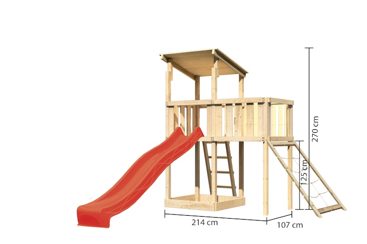 Akubi Kinderspielturm Anna mit Pultdach inkl. Anbauplattform, Wellenrutsche und Netzrampe