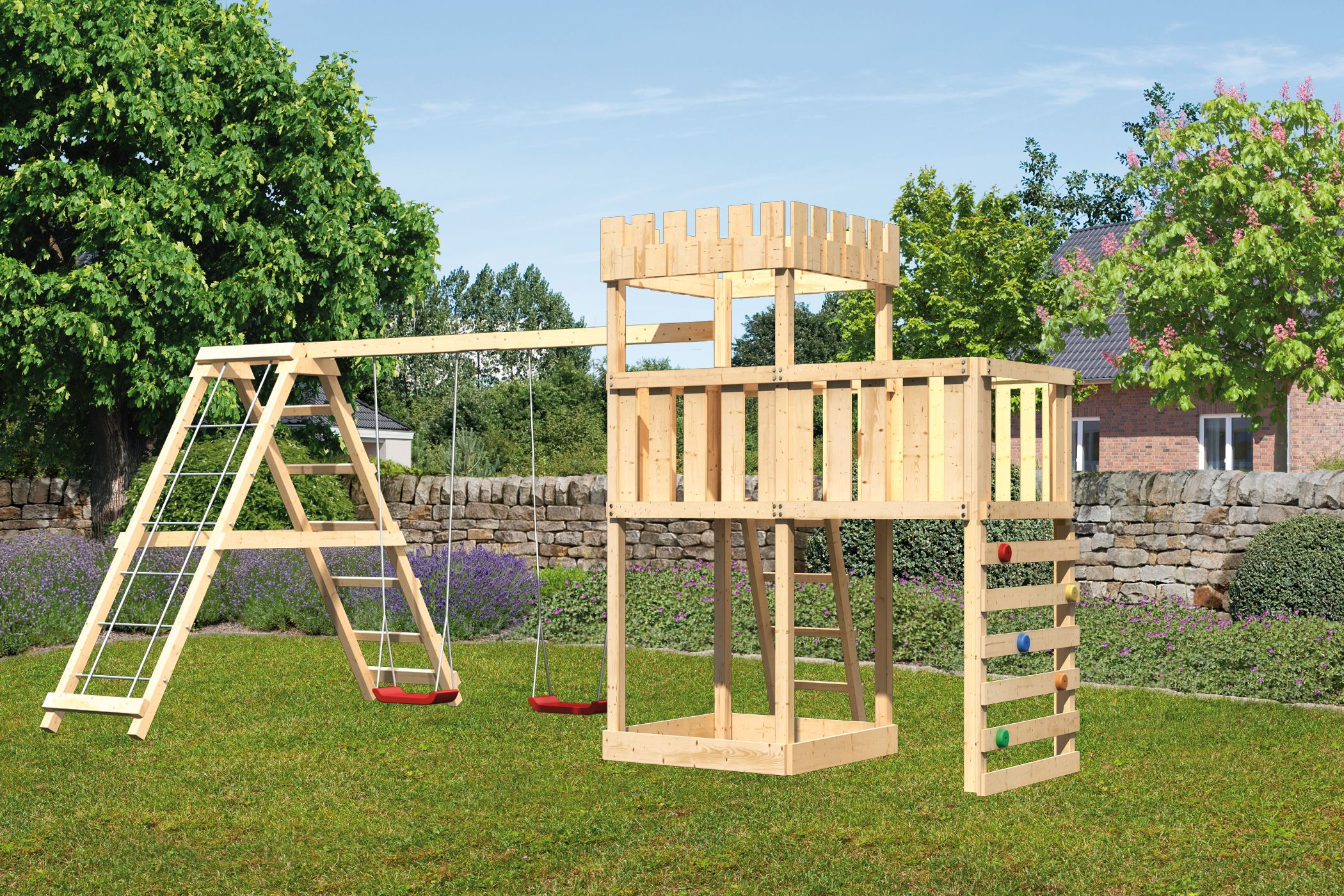 Akubi Kinderspielturm Ritterburg Löwenherz inkl. Doppelschaukelanbau, Klettergerüst, Anbauplattform und Kletterwand