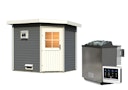 Vorschaubild Karibu Gartensauna Pultdach Saunahaus Mikka mit Eckeinstieg terragrau inkl. gratis Sauna-Zubehörset im Wert von 234,94 €