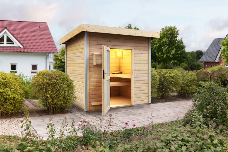 Karibu Gartensauna Pultdach Saunahaus Norge naturbelassen inkl. gratis Saunaofen im Wert von 599,99 €