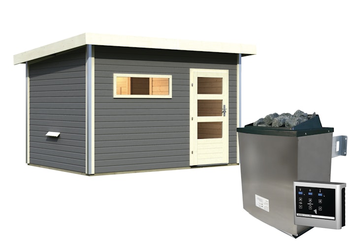 Karibu Saunahaus Skrollan 2 mit Vorraum terragrau inkl. gratis Saunaofen im Wert von 599,99 €