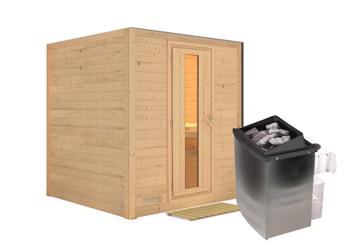 Karibu Sauna Mojave - Massivholzsauna mit Fronteinstieg 38 mm inkl. gratis Saunaofen im Wert von 599,99 €