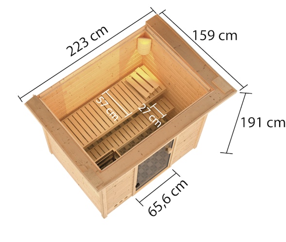 Karibu Woodfeeling Sauna Selena - 38 mm Massivholz Aktionssauna inkl. gratis Saunaofen im Wert von 599,99 €