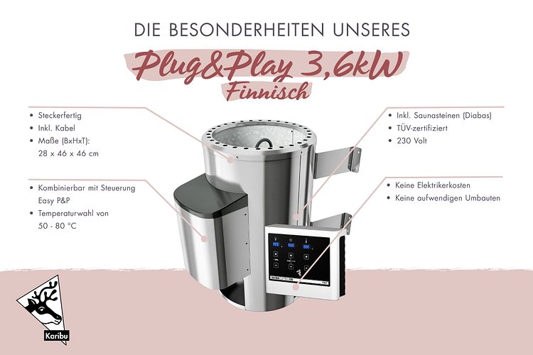 Karibu Saunaofen 3,6 kW Plug & Play finnisch mit externer Steuerung Easy weiß