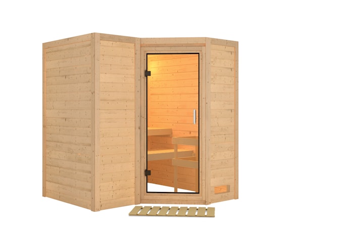 Karibu Sauna Sahib 1-Massivholzsauna 38 mm-Fronteinstieg -Exklusivoptik