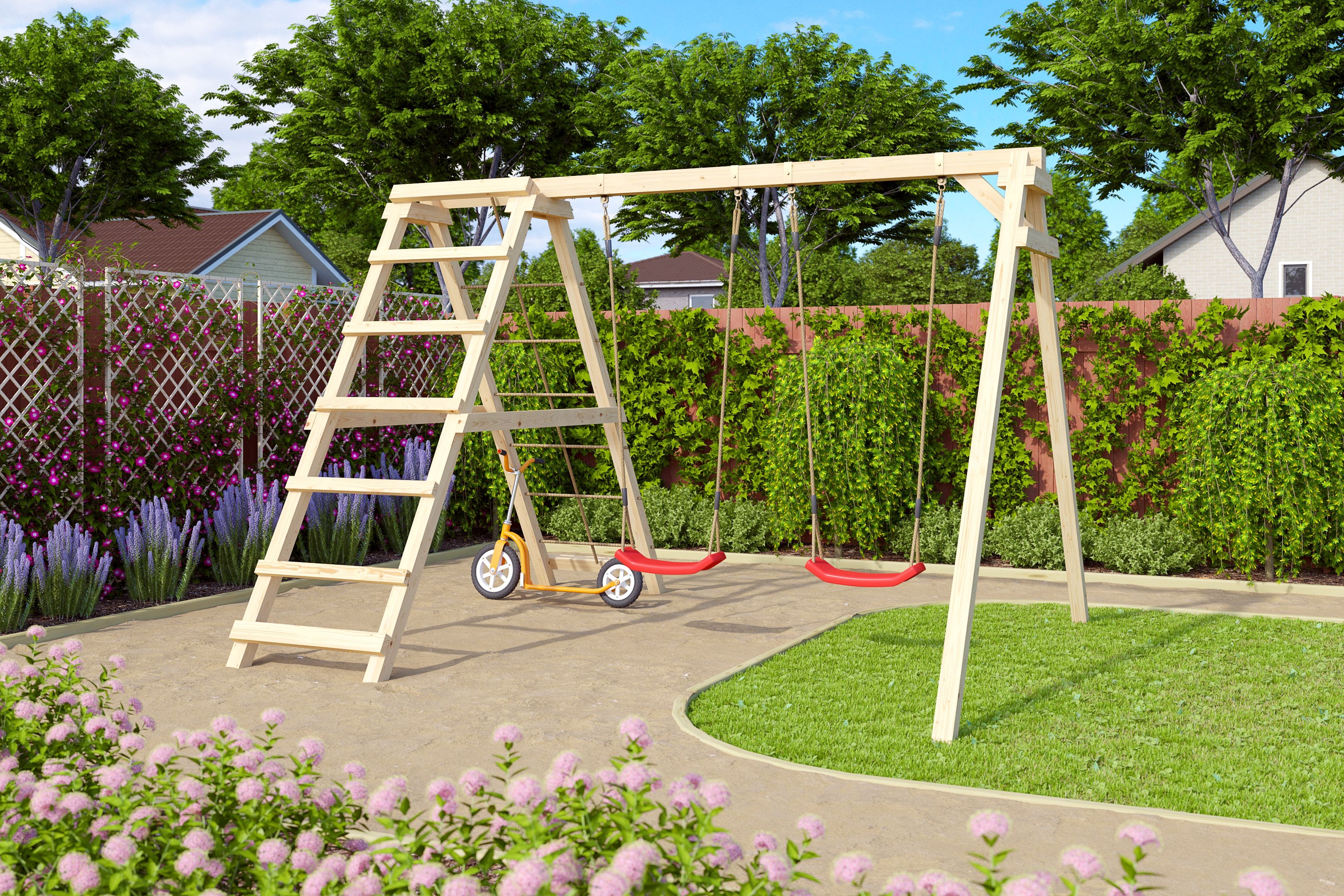 Akubi Kinderspielgerät Doppelschaukel Felix mit Klettergerüst und Netzrampe
