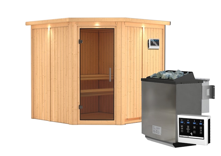 Karibu Sauna Jarin mit Eckeinstieg 68 mm inkl. gratis Saunaofen im Wert von 599,99 €
