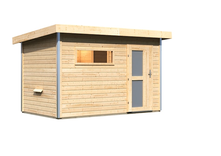 Karibu Gartensauna Pultdach Saunahaus Skrollan 1 mit Vorraum naturbelassen inkl. gratis Saunaofen im Wert von 599,99 €
