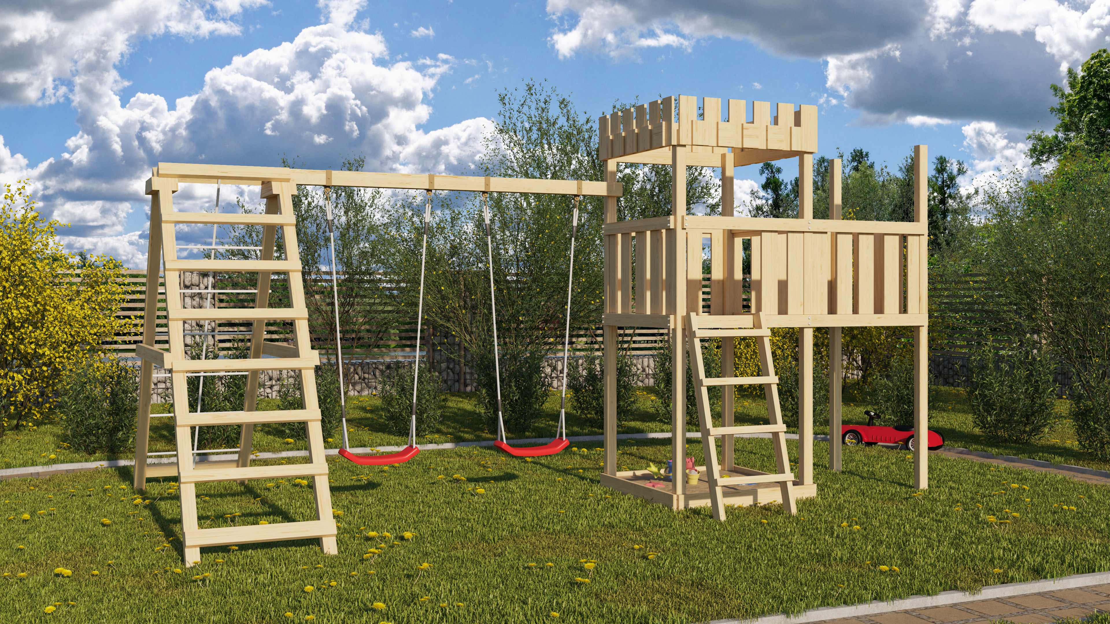 Akubi Kinderspielturm Ritterburg Löwenherz inkl. Anbauplattform, Doppelschaukelanbau und Klettergerüst