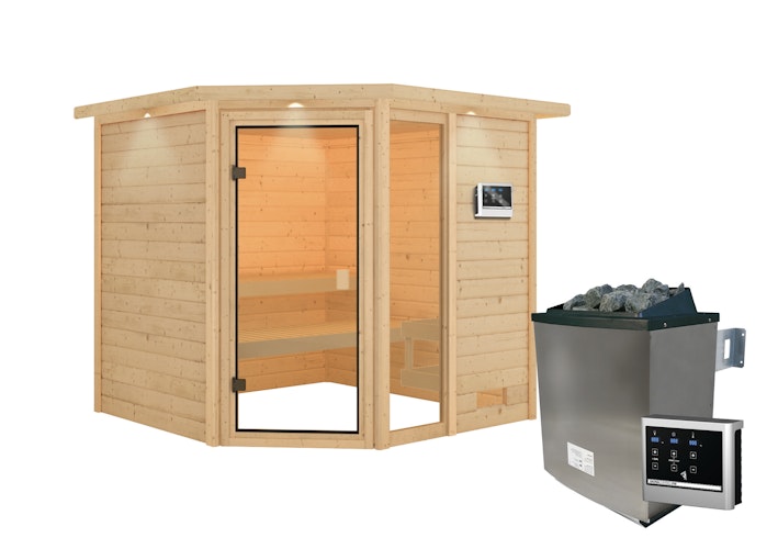 Karibu Woodfeeling Sauna Tabea - 38 mm Massivholz Aktionssauna inkl. gratis Saunaofen im Wert von 599,99 €
