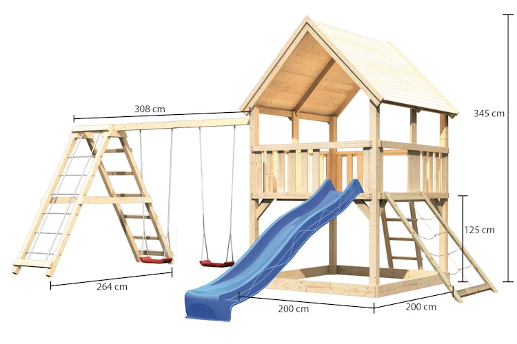 Akubi Kinderspielturm Luis mit Doppelschaukelklettergerüst, Netzrampe und Wellenrutsche