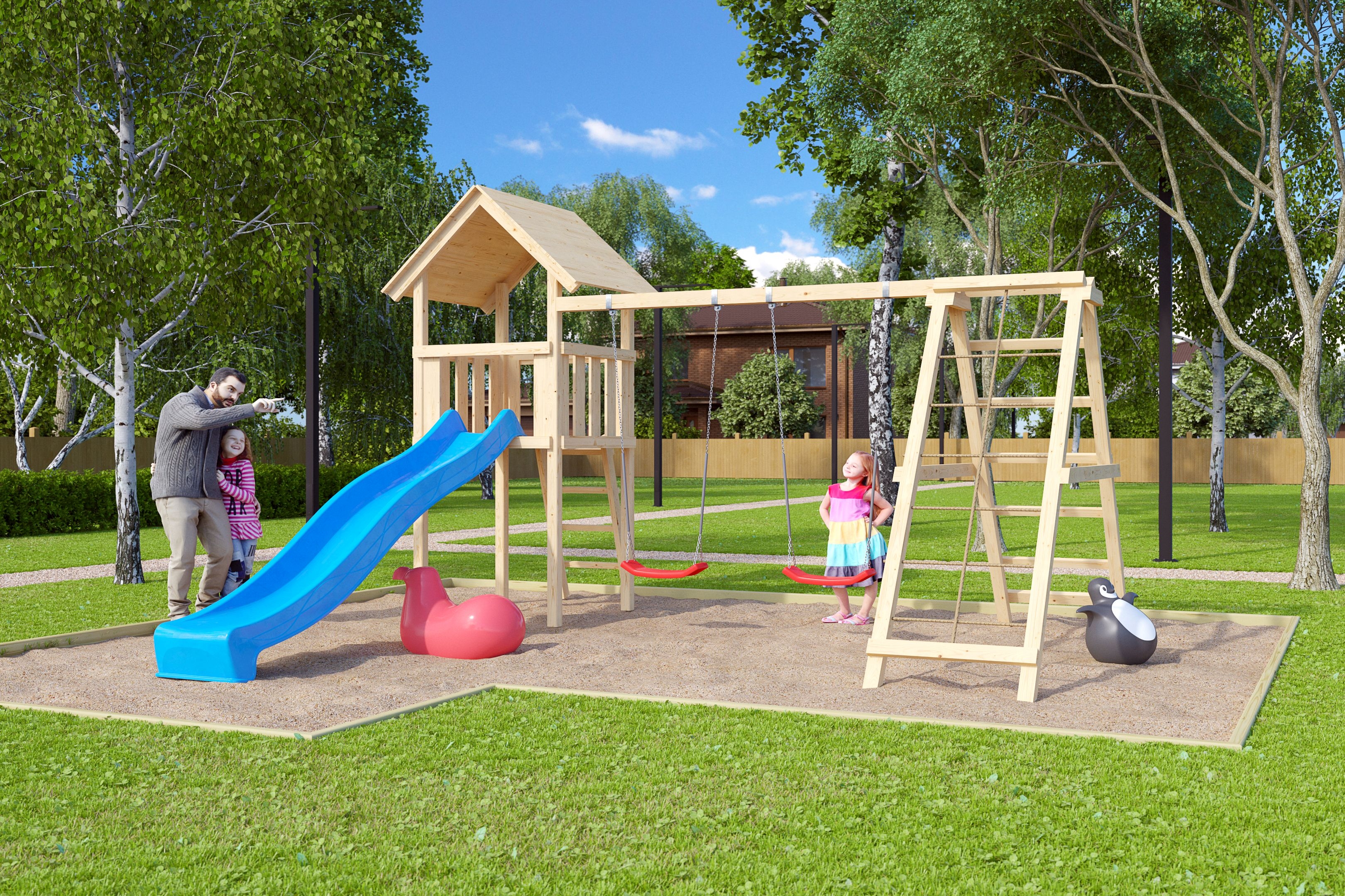 Akubi Kinderspielturm Lotti inkl. Wellenrutsche und Doppelschaukelanbau mit Klettergerüst (Set C)