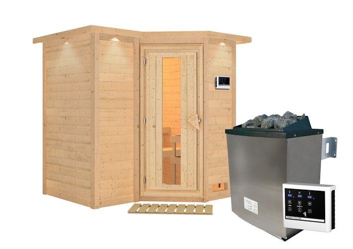 Karibu Sauna Sahib 1-Massivholzsauna 38 mm-Fronteinstieg -Exklusivoptik inkl. gratis Saunaofen im Wert von 599,99 €
