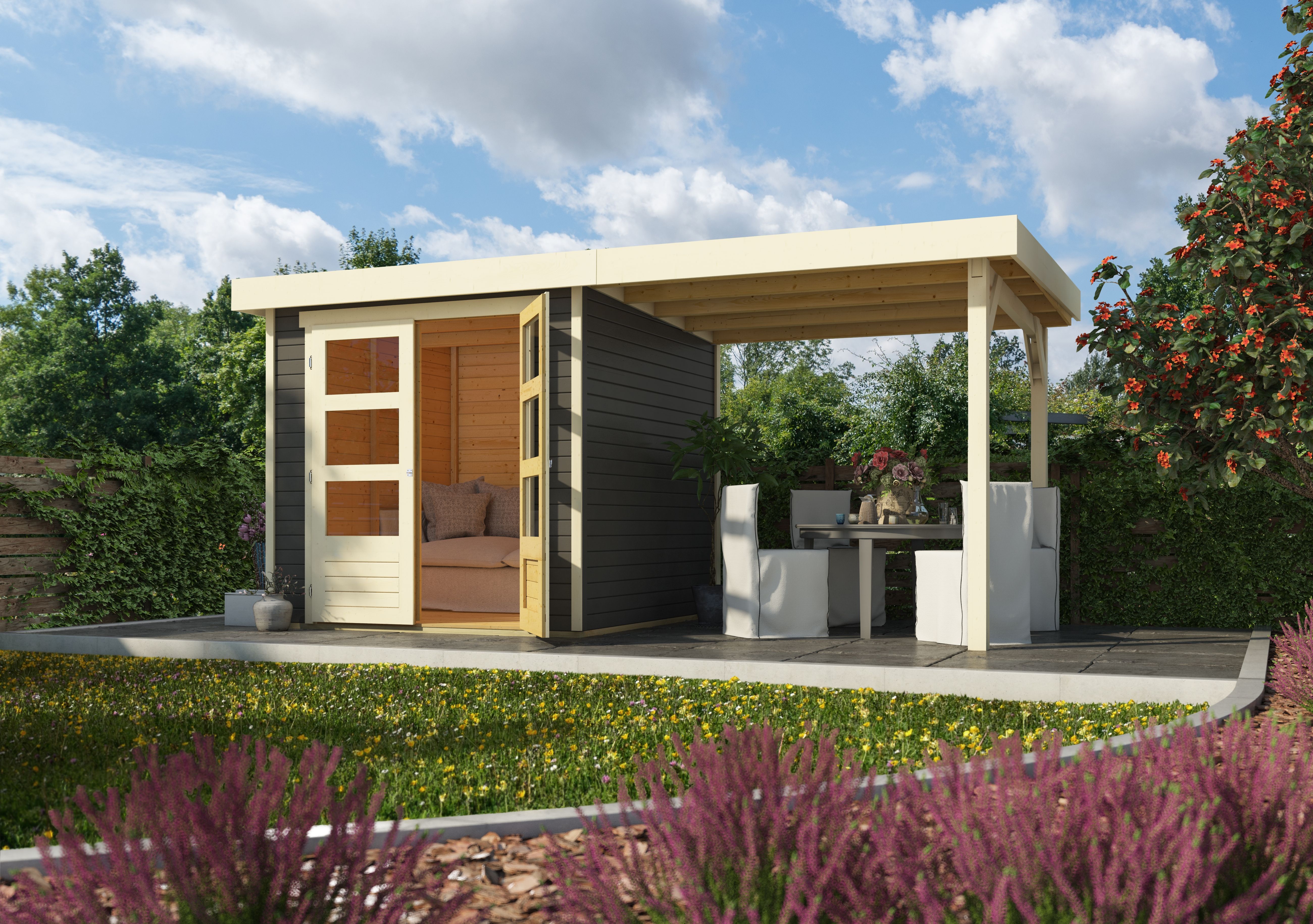 Karibu Woodfeeling Gartenhaus Askola 2/3/3,5/4/5/6 mit 240 cm Schleppdach inkl. gratis LED-Strahler/Solarpaneel