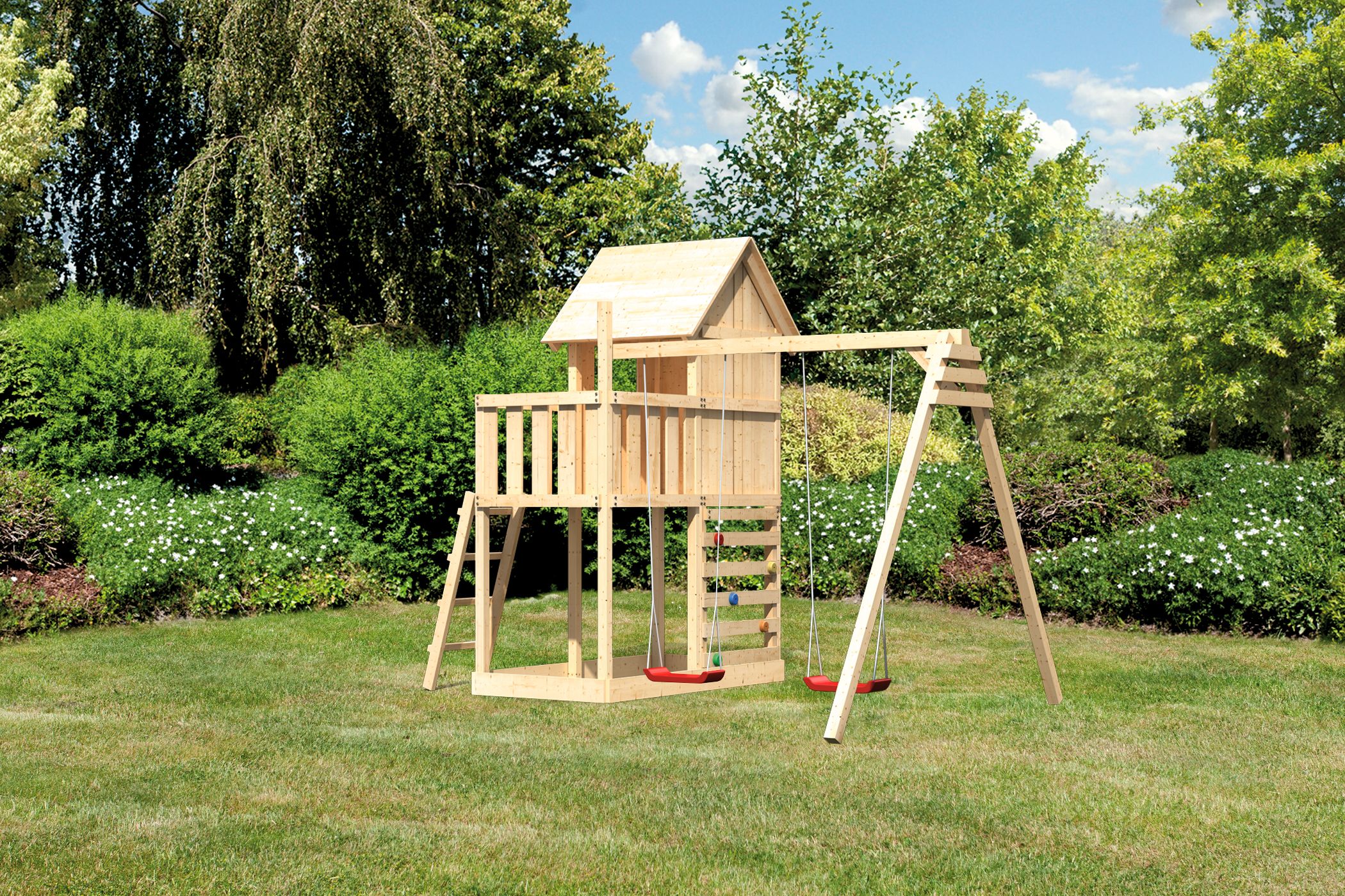 Akubi Stelzenhaus Frieda mit Doppelschaukelanbau und Kletterwand