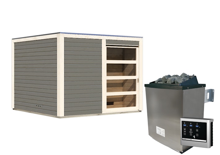Karibu Gartensauna Saunahaus Cuben inkl. Vorraum, terragrau inkl. gratis Saunaofen im Wert von 599,99 €