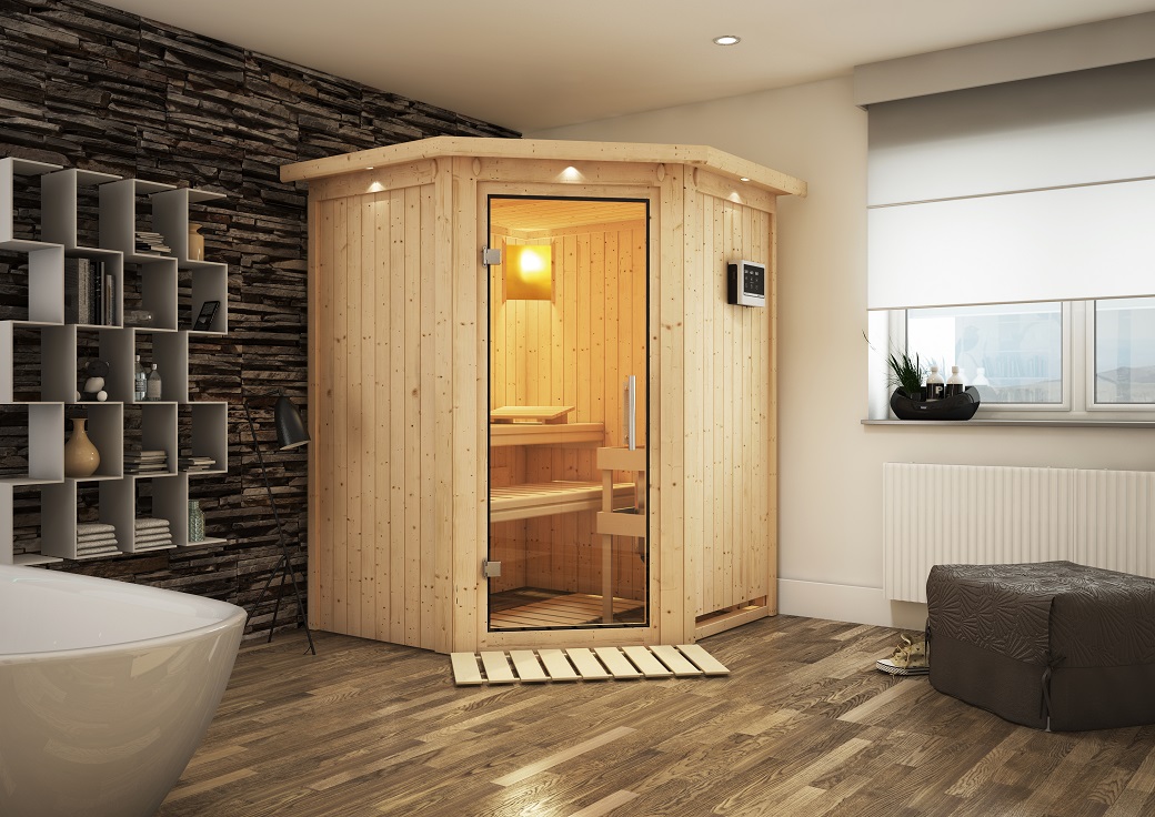 Karibu Sauna Nanja - 68 mm Systemsauna - 230 Volt Plug & Play inkl. 9-teiligem Gratis-Zubehörpaket im Wert von 137,95 €