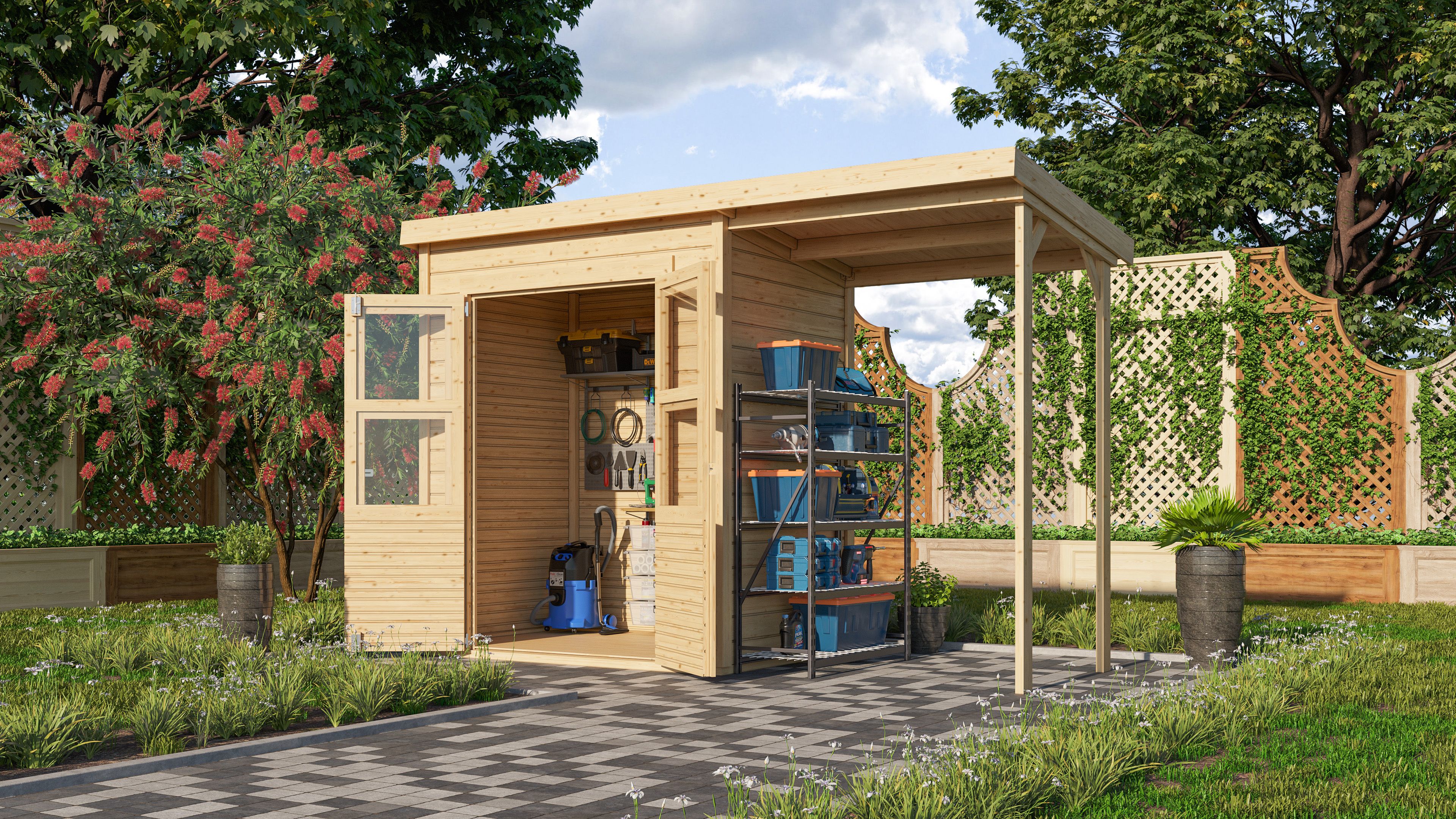 Karibu Gartenhaus Merseburg 2 inkl. Anbaudach - Sparset inkl. gratis Fenster im Wert von bis zu 59,99 €