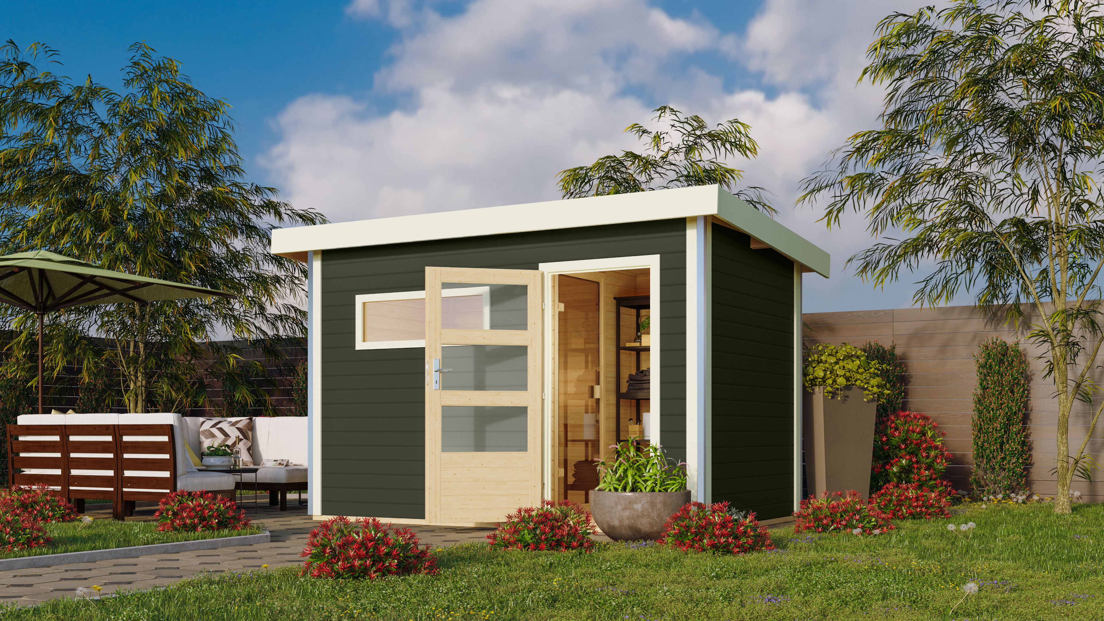 Karibu Gartensauna Pultdach Saunahaus Skrollan 1 mit Vorraum terragrau inkl. 9-teiligem Gratis-Zubehörpaket im Wert von 137,95 €