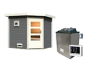 Vorschaubild Karibu Gartensauna Pultdach Saunahaus Mikka mit Eckeinstieg terragrau inkl. gratis Sauna-Zubehörset im Wert von 234,94 €