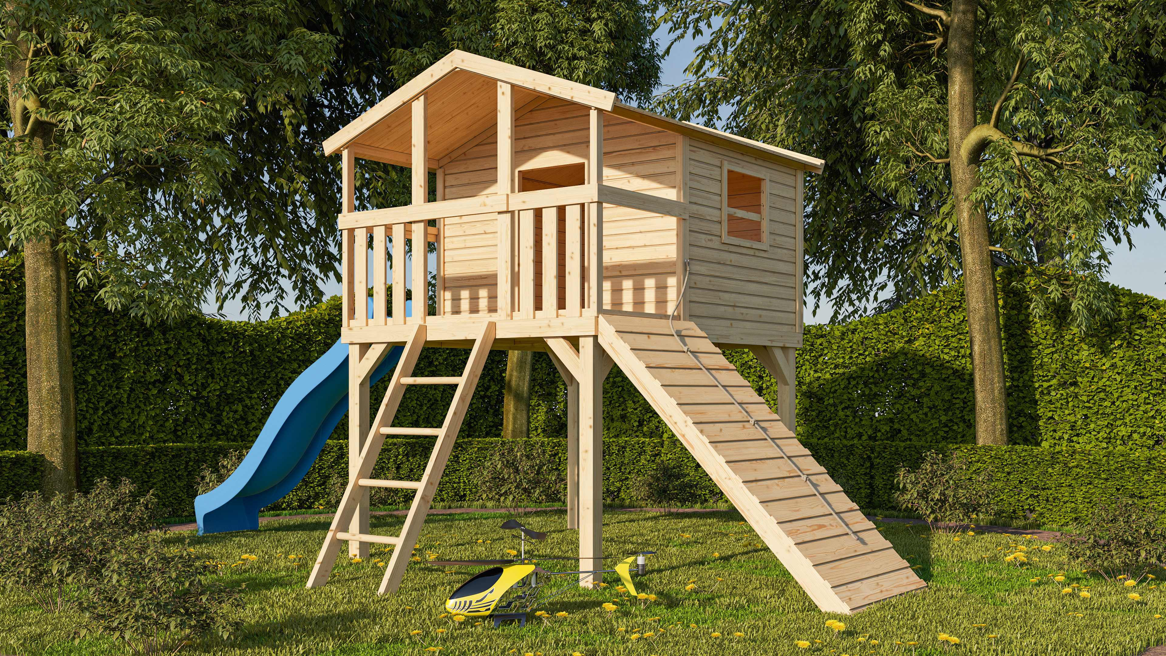 Akubi Stelzenhaus Benjamin mit Rutsche und Holzrampe