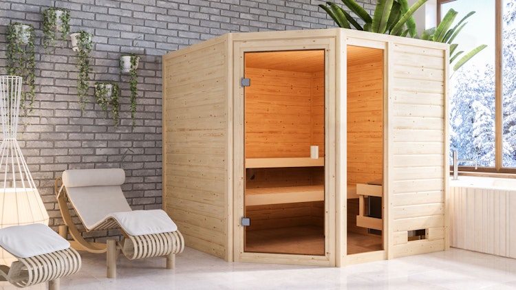 Karibu Woodfeeling Sauna Tabea - 38 mm Massivholz Aktionssauna inkl. gratis Saunaofen im Wert von 599,99 €