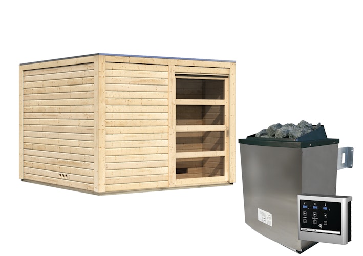 Karibu Gartensauna Saunahaus Cuben inkl. Vorraum, naturbelassen inkl. gratis Saunaofen im Wert von 599,99 €