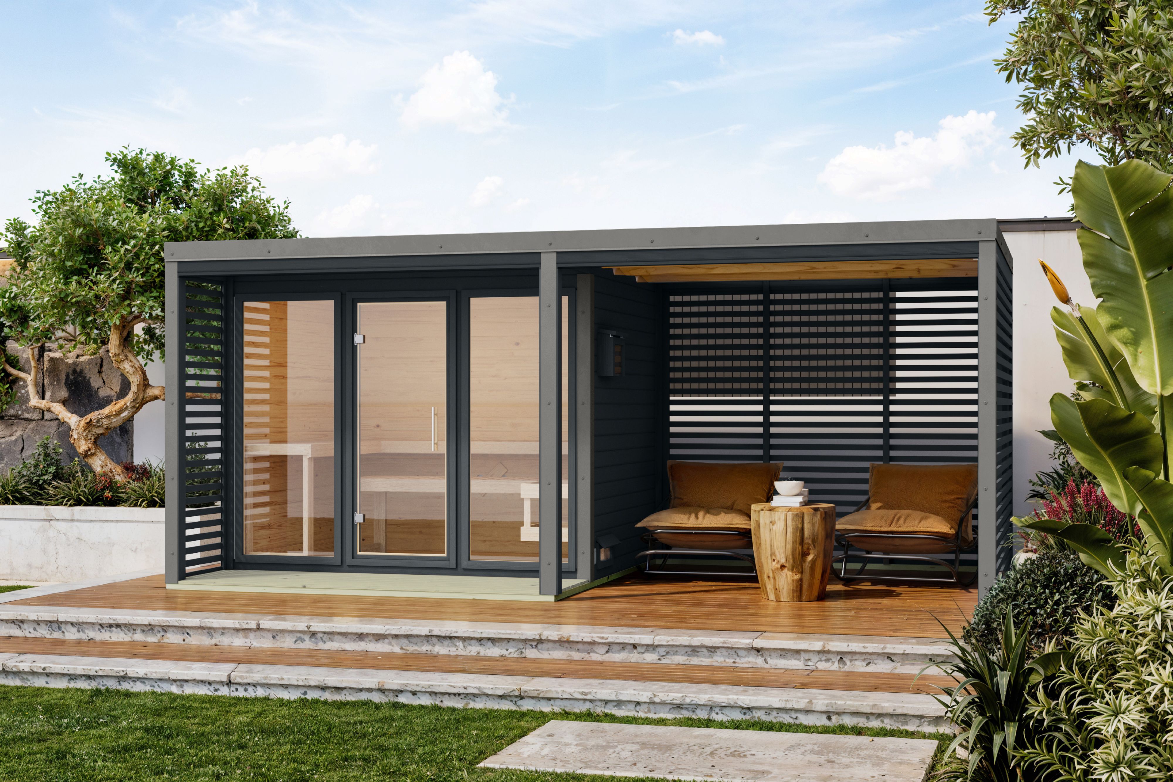 Karibu Saunahaus Ares 3 - Hybridhaus mit Metallrahmen - 38 mm