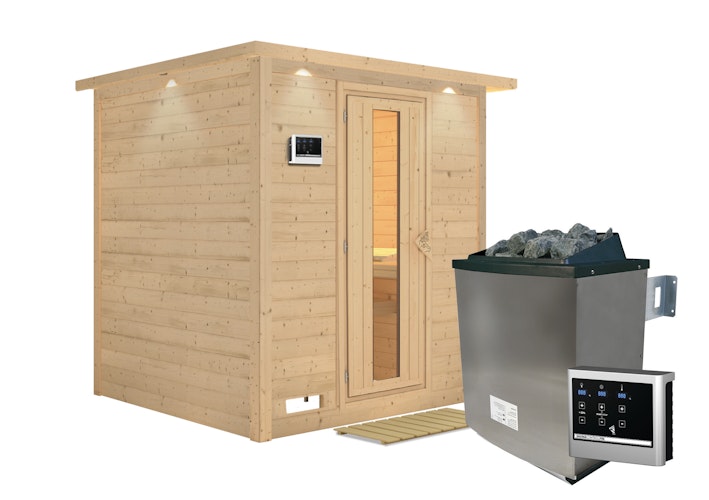 Karibu Sauna Mojave - Massivholzsauna mit Fronteinstieg 38 mm inkl. gratis Saunaofen im Wert von 599,99 €