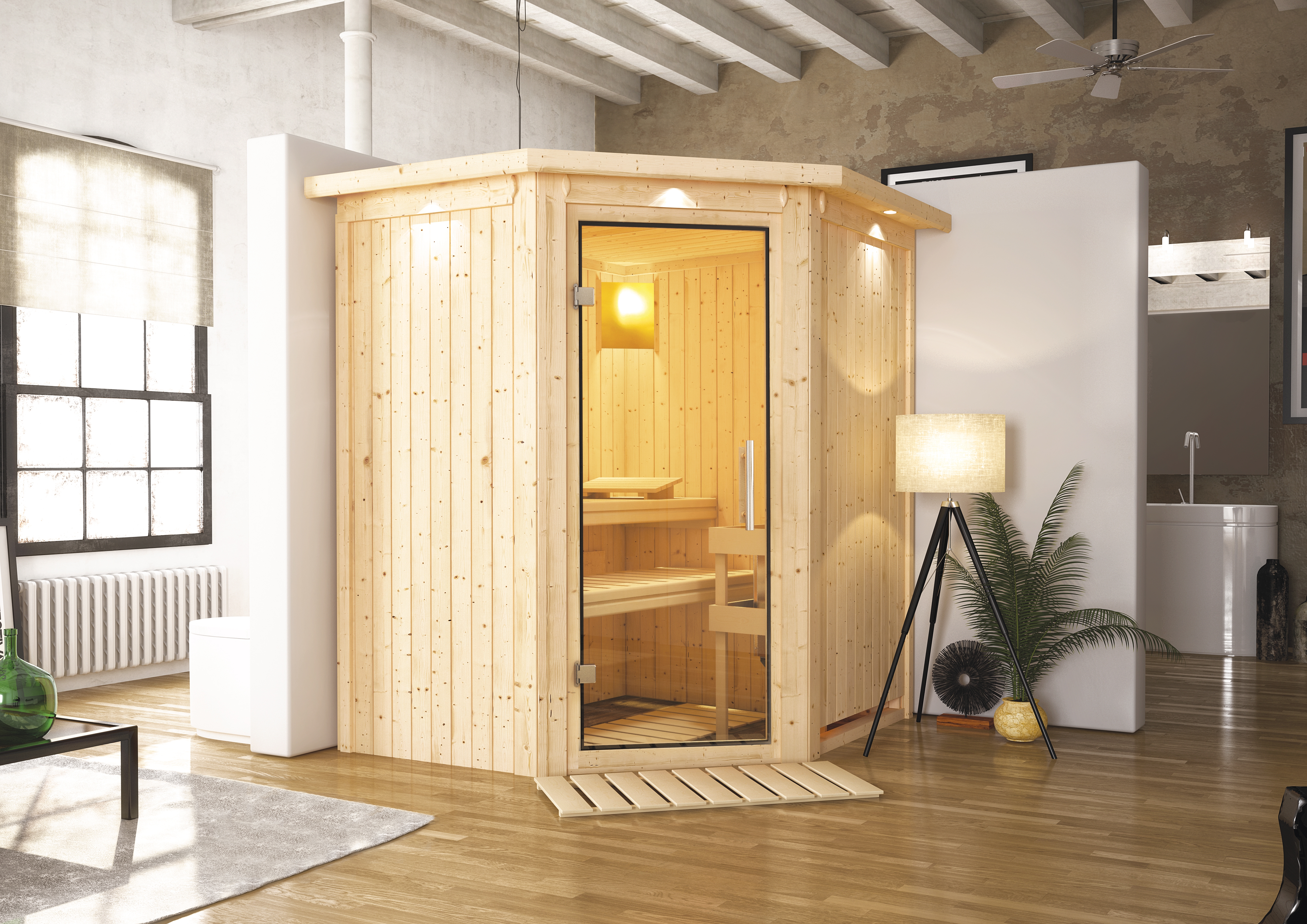 Karibu Sauna Tonja - 68 mm Systemsauna - 230 Volt Plug & Play inkl. 5-teiligem Gratis-Zubehörpaket im Wert von 100 €