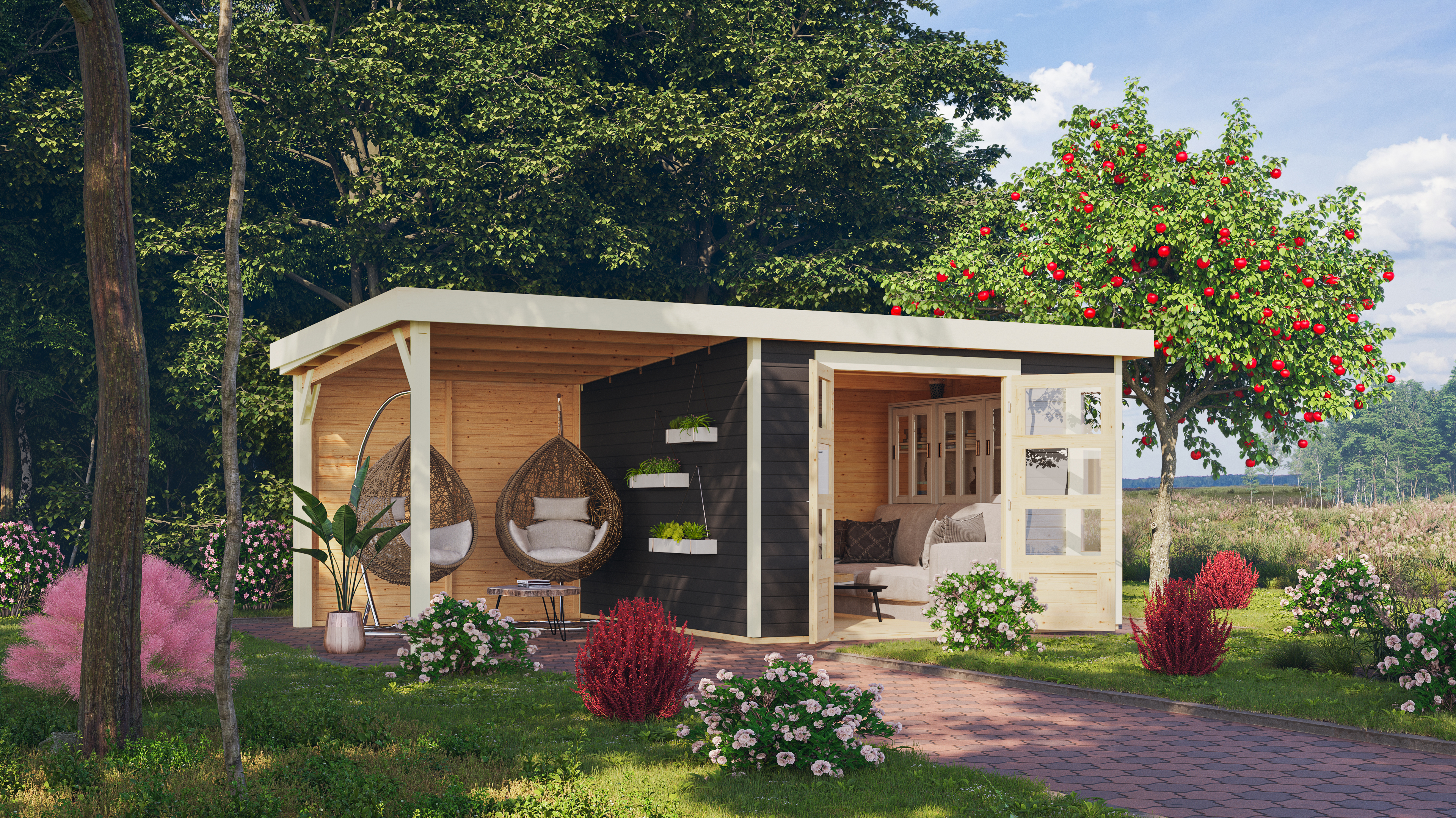 Karibu Woodfeeling Gartenhaus Kerko 3/4/5/6 mit 240 cm Schleppdach inkl. Rückwand - 19 mm