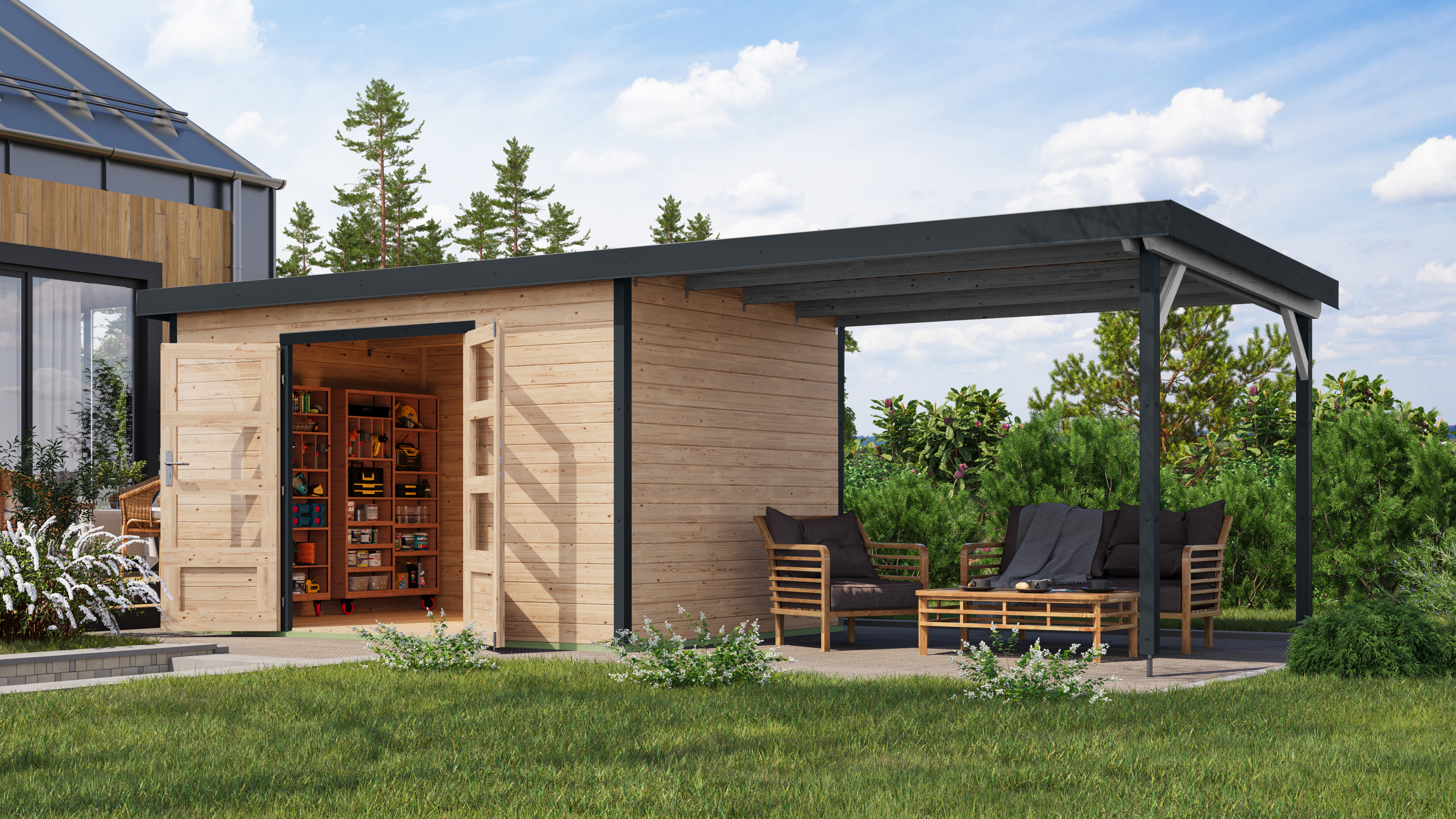 Karibu Metall-Holzgartenhaus Hybridhaus Pluto A/B - 28 mm/0,5 mm