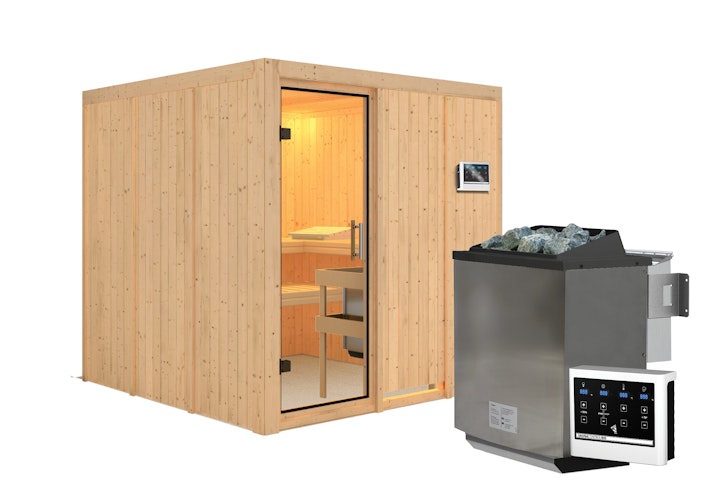 Karibu Sauna Rodin mit Fronteinstieg 68 mm inkl. gratis Saunaofen im Wert von 599,99 €